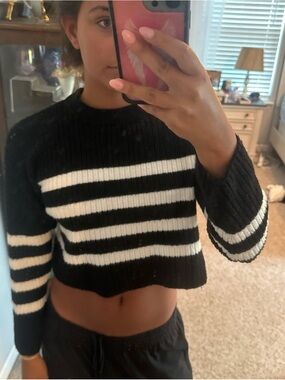 Pink Rose Black & White Striped Cropped Sweater